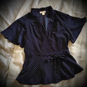 Blue flutter sleeve side tie blouse